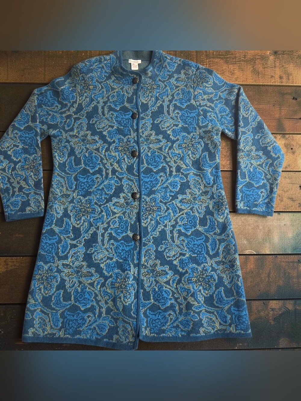 Sundance Merino Wool Floral Jacquard Long Cardigan Coat Blue Boho Cottagecore XL